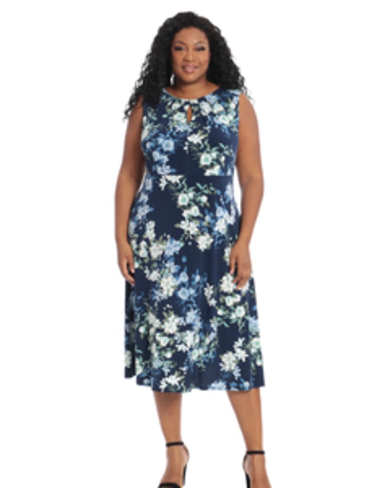 Front of a model wearing a size 14W Jasmine Sleeveless Floral Midi Dress in Navy by London Times. | dia_product_style_image_id:254856